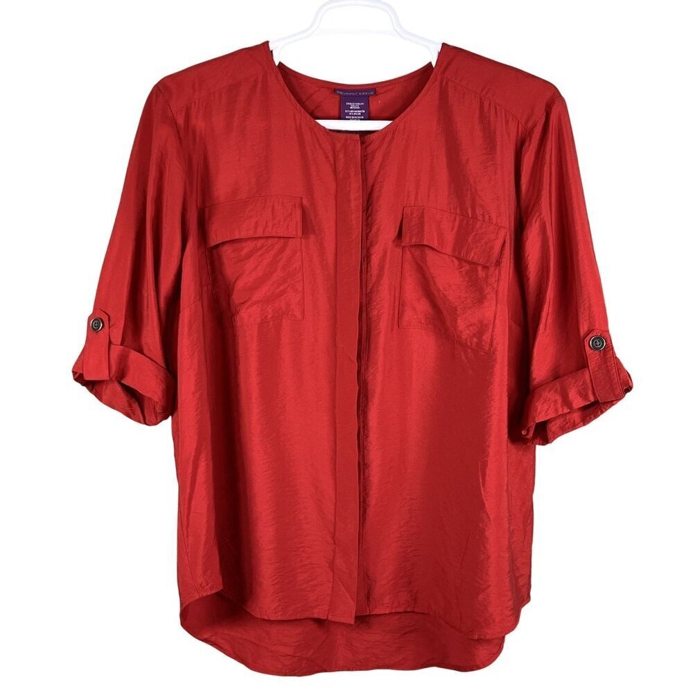 Beverly Drive NWT Womens 2X  Holiday Red Silky Blouse 3/4 Tab Sleeve Pockets